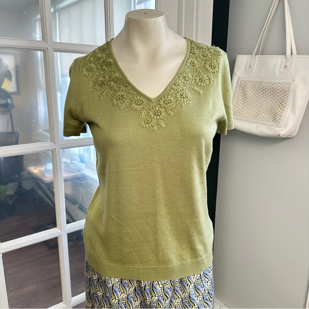 NWT • Deadstock Vintage Knit V-Neck Embroidered Beaded Tee